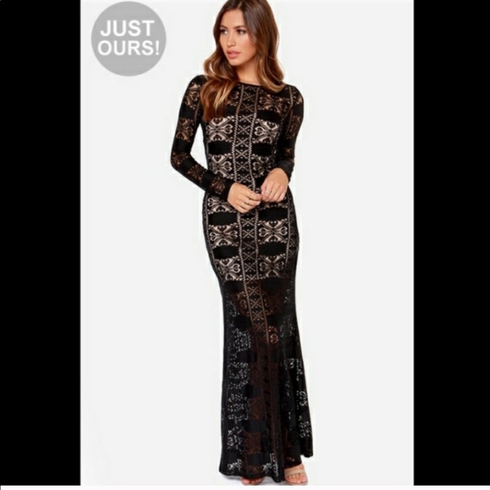 Lulus maxi long sleeve black lace dress